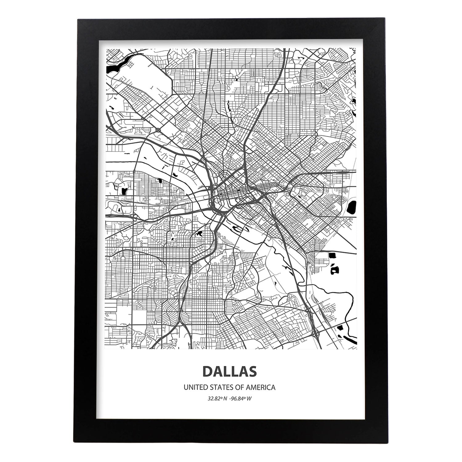 Poster con mapa de Dallas - USA. Láminas de ciudades de Estados Unidos con mares y ríos en color negro.-Artwork-Nacnic-A3-Marco Negro-Nacnic Estudio SL