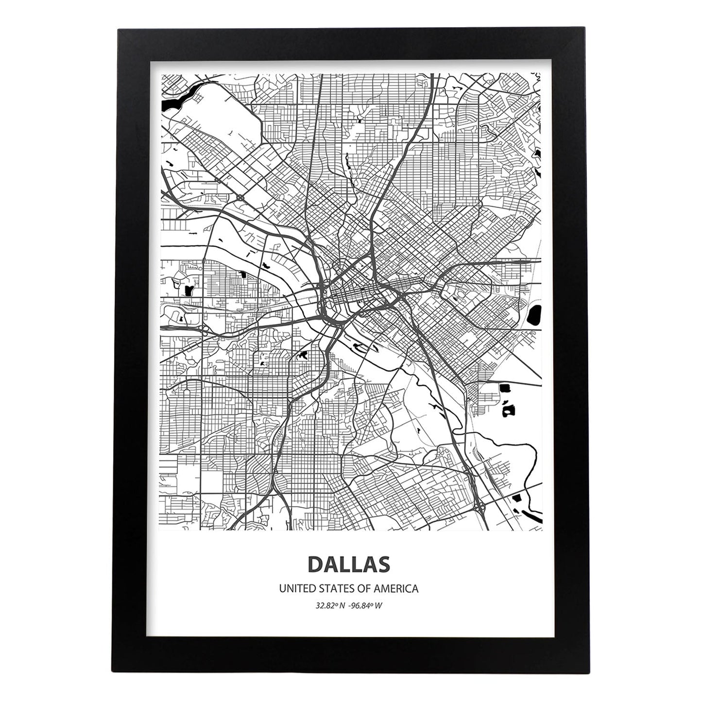 Poster con mapa de Dallas - USA. Láminas de ciudades de Estados Unidos con mares y ríos en color negro.-Artwork-Nacnic-A4-Marco Negro-Nacnic Estudio SL