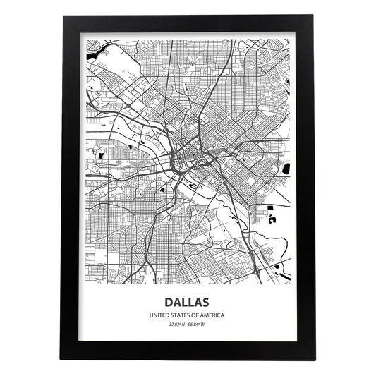 Poster con mapa de Dallas - USA. Láminas de ciudades de Estados Unidos con mares y ríos en color negro.-Artwork-Nacnic-A4-Marco Negro-Nacnic Estudio SL