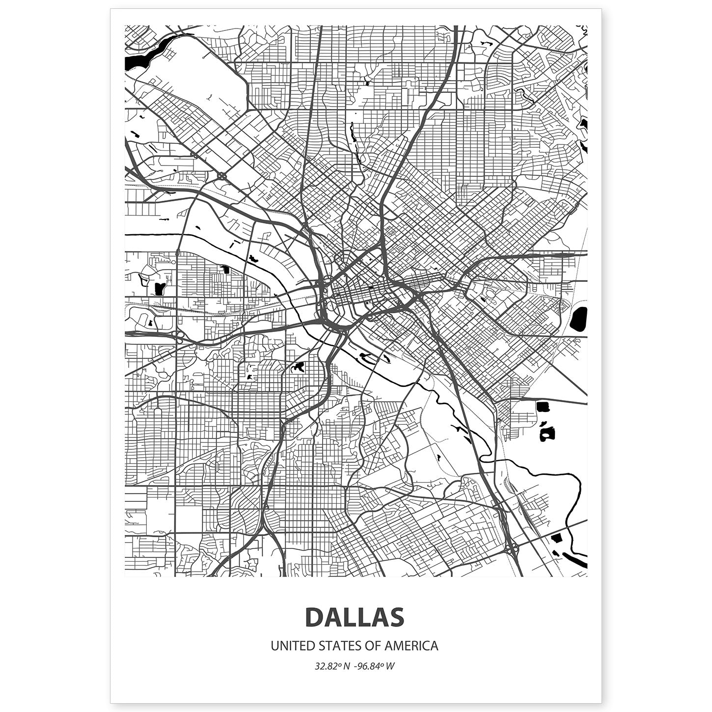 Poster con mapa de Dallas - USA. Láminas de ciudades de Estados Unidos con mares y ríos en color negro.-Artwork-Nacnic-A4-Sin marco-Nacnic Estudio SL
