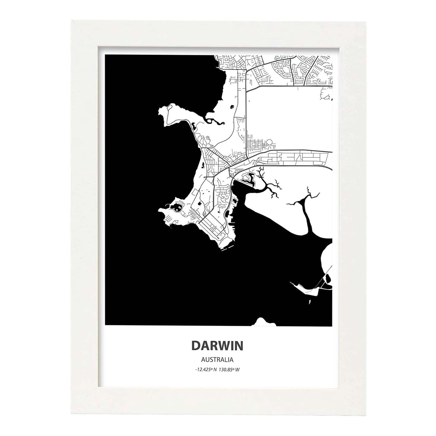 Poster con mapa de Darwin - Australia. Láminas de ciudades de Australia con mares y ríos en color negro.-Artwork-Nacnic-A3-Marco Blanco-Nacnic Estudio SL