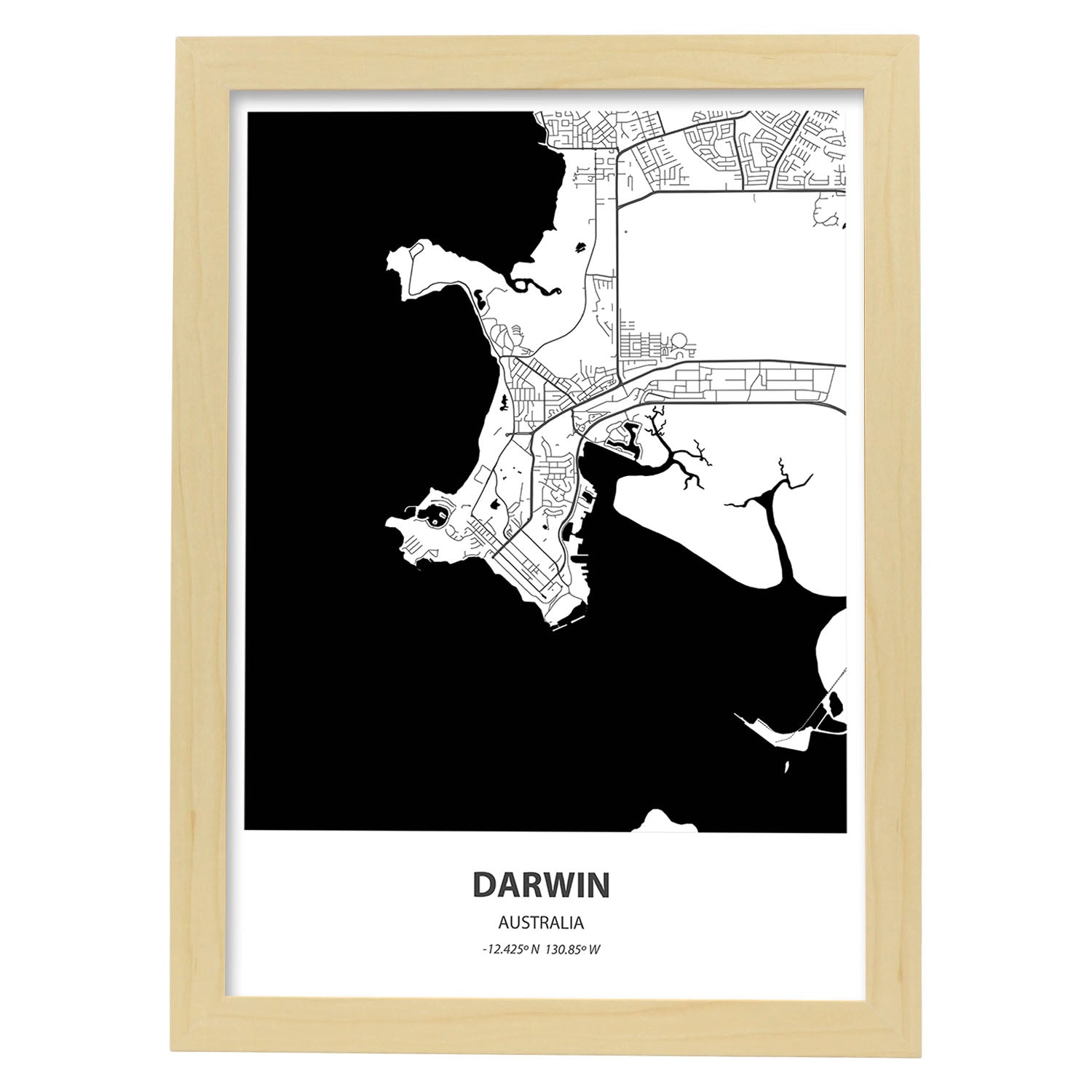 Poster con mapa de Darwin - Australia. Láminas de ciudades de Australia con mares y ríos en color negro.-Artwork-Nacnic-A3-Marco Madera clara-Nacnic Estudio SL