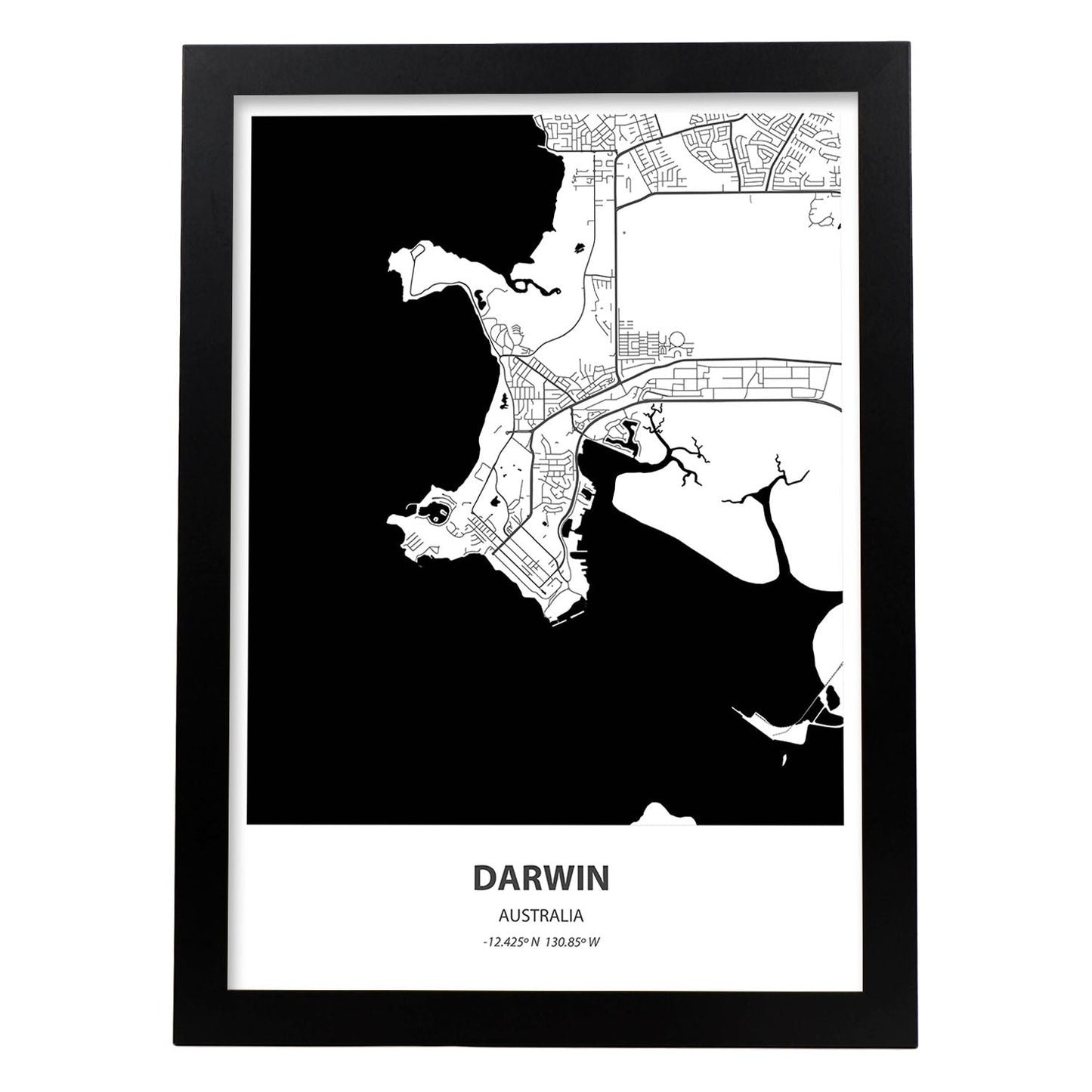 Poster con mapa de Darwin - Australia. Láminas de ciudades de Australia con mares y ríos en color negro.-Artwork-Nacnic-A3-Marco Negro-Nacnic Estudio SL