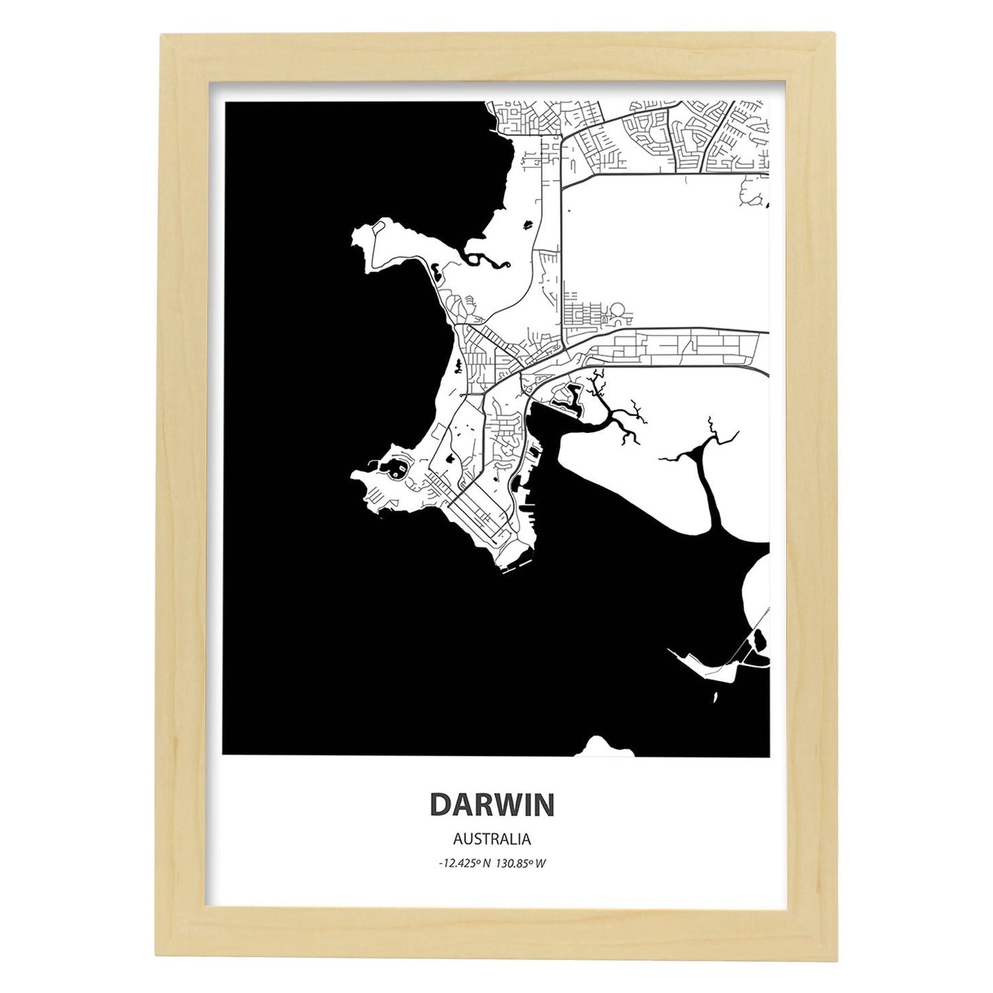Poster con mapa de Darwin - Australia. Láminas de ciudades de Australia con mares y ríos en color negro.-Artwork-Nacnic-A4-Marco Madera clara-Nacnic Estudio SL
