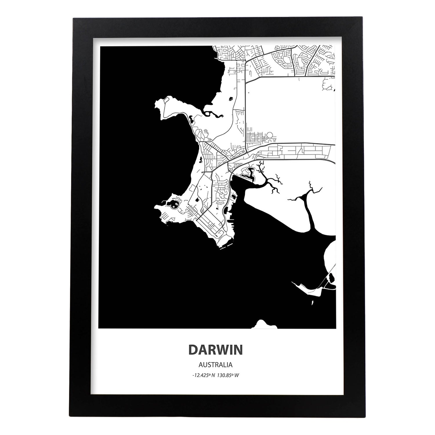 Poster con mapa de Darwin - Australia. Láminas de ciudades de Australia con mares y ríos en color negro.-Artwork-Nacnic-A4-Marco Negro-Nacnic Estudio SL