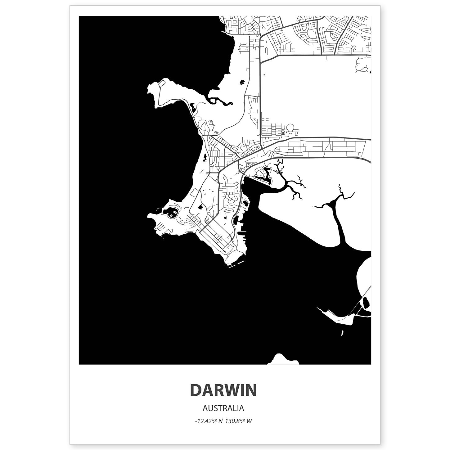 Poster con mapa de Darwin - Australia. Láminas de ciudades de Australia con mares y ríos en color negro.-Artwork-Nacnic-A4-Sin marco-Nacnic Estudio SL