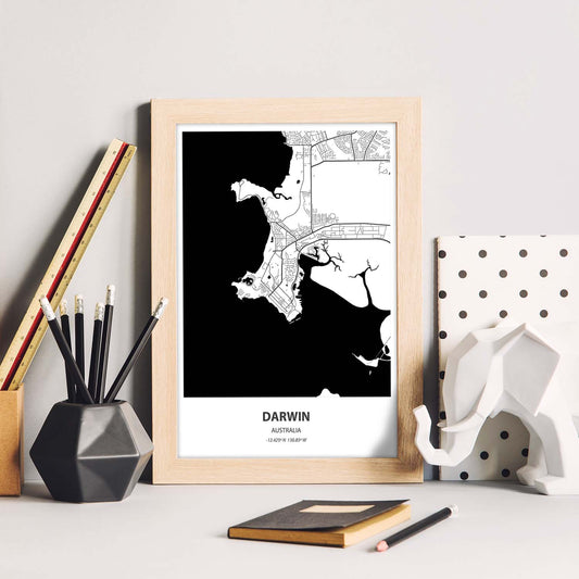 Poster con mapa de Darwin - Australia. Láminas de ciudades de Australia con mares y ríos en color negro.-Artwork-Nacnic-Nacnic Estudio SL