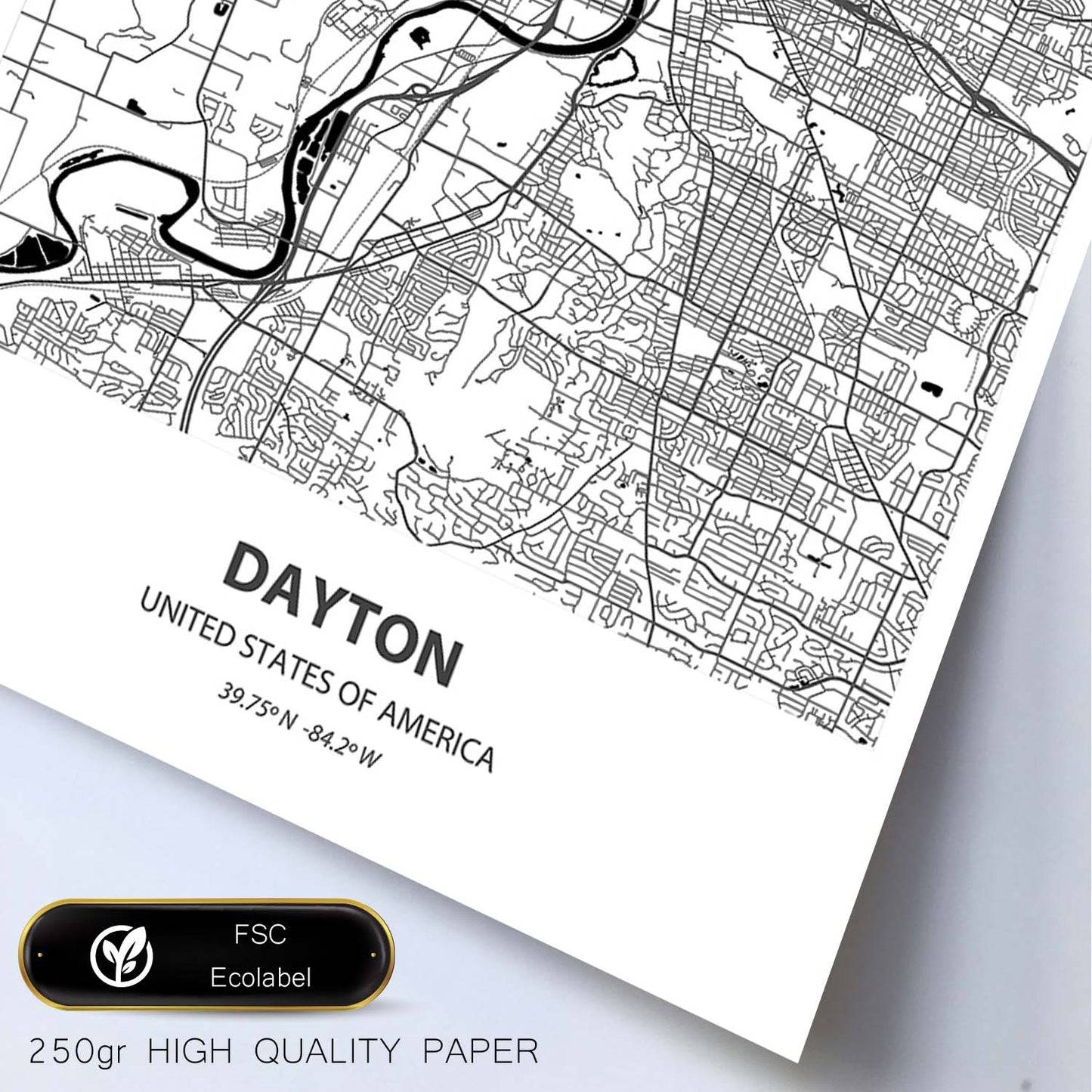 Poster con mapa de Dayton - USA. Láminas de ciudades de Estados Unidos con mares y ríos en color negro.-Artwork-Nacnic-Nacnic Estudio SL