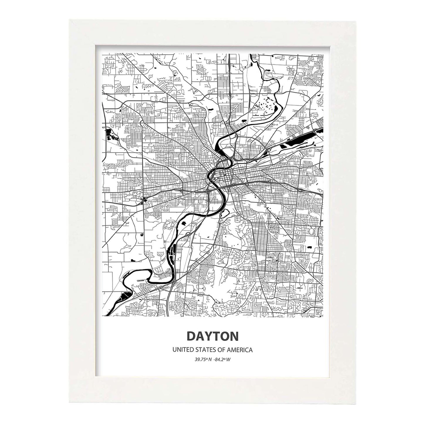 Poster con mapa de Dayton - USA. Láminas de ciudades de Estados Unidos con mares y ríos en color negro.-Artwork-Nacnic-A3-Marco Blanco-Nacnic Estudio SL