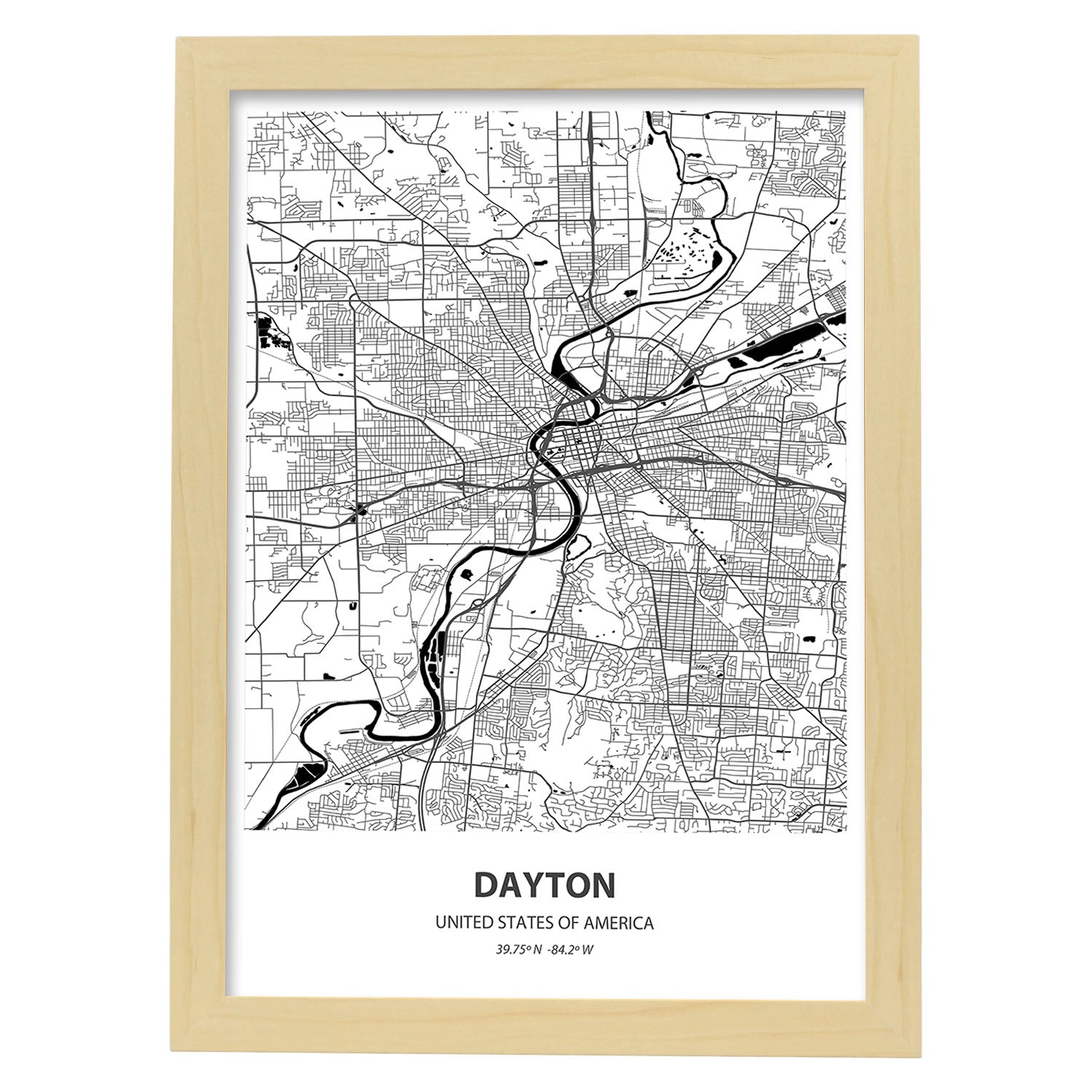 Poster con mapa de Dayton - USA. Láminas de ciudades de Estados Unidos con mares y ríos en color negro.-Artwork-Nacnic-A3-Marco Madera clara-Nacnic Estudio SL