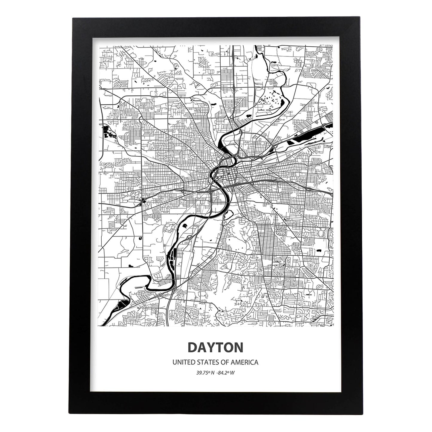 Poster con mapa de Dayton - USA. Láminas de ciudades de Estados Unidos con mares y ríos en color negro.-Artwork-Nacnic-A3-Marco Negro-Nacnic Estudio SL