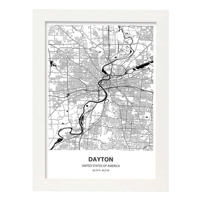 Poster con mapa de Dayton - USA. Láminas de ciudades de Estados Unidos con mares y ríos en color negro.-Artwork-Nacnic-A4-Marco Blanco-Nacnic Estudio SL