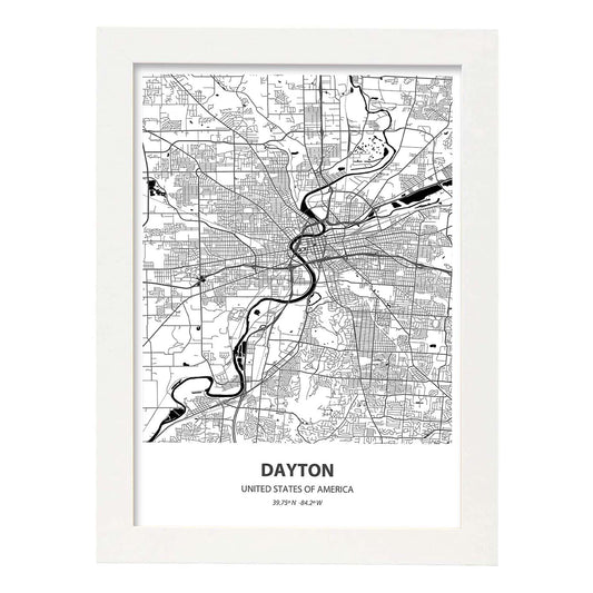 Poster con mapa de Dayton - USA. Láminas de ciudades de Estados Unidos con mares y ríos en color negro.-Artwork-Nacnic-A4-Marco Blanco-Nacnic Estudio SL