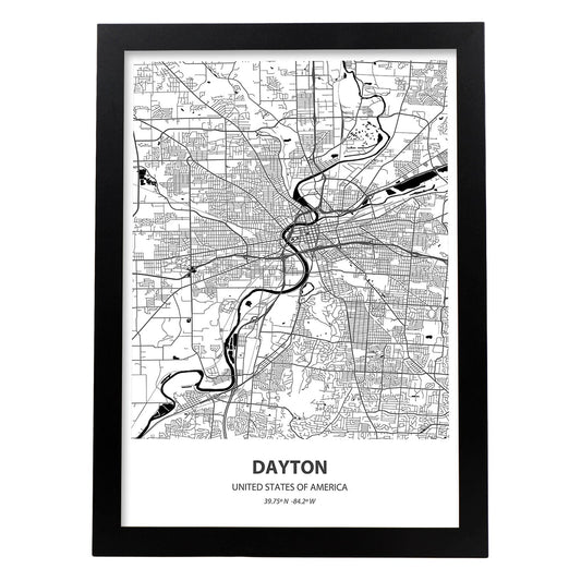 Poster con mapa de Dayton - USA. Láminas de ciudades de Estados Unidos con mares y ríos en color negro.-Artwork-Nacnic-A4-Marco Negro-Nacnic Estudio SL