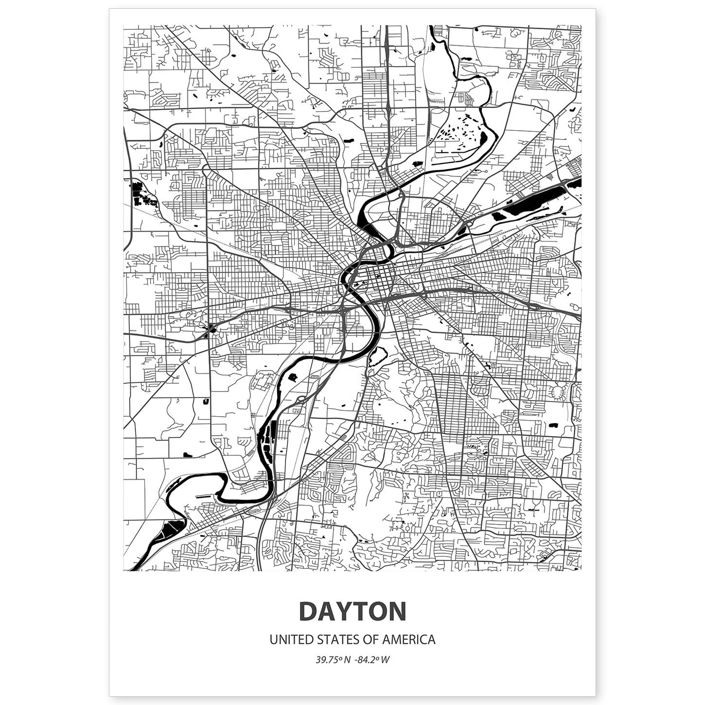 Poster con mapa de Dayton - USA. Láminas de ciudades de Estados Unidos con mares y ríos en color negro.-Artwork-Nacnic-A4-Sin marco-Nacnic Estudio SL