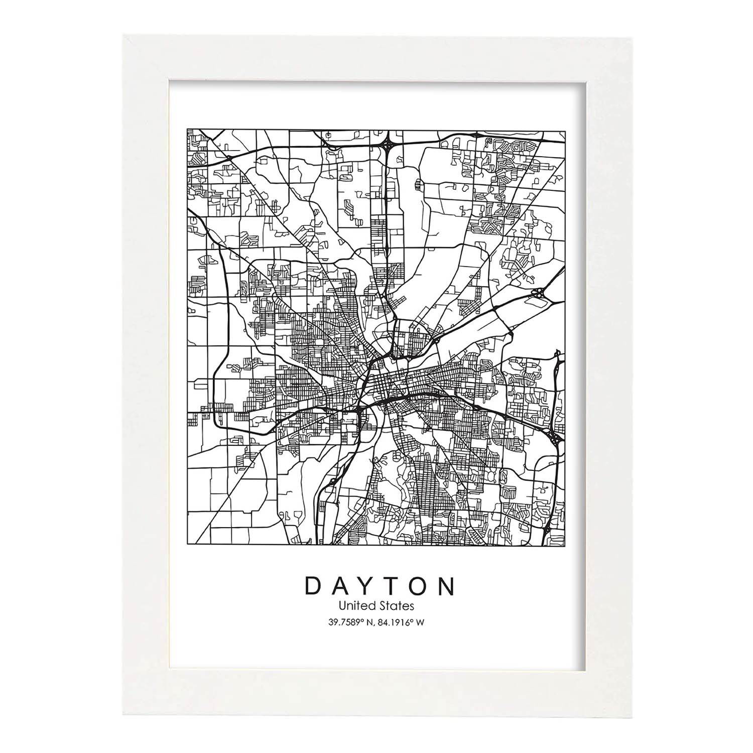 Poster con mapa de Dayton. Lámina de Estados Unidos, con imágenes de mapas y carreteras-Artwork-Nacnic-A3-Marco Blanco-Nacnic Estudio SL