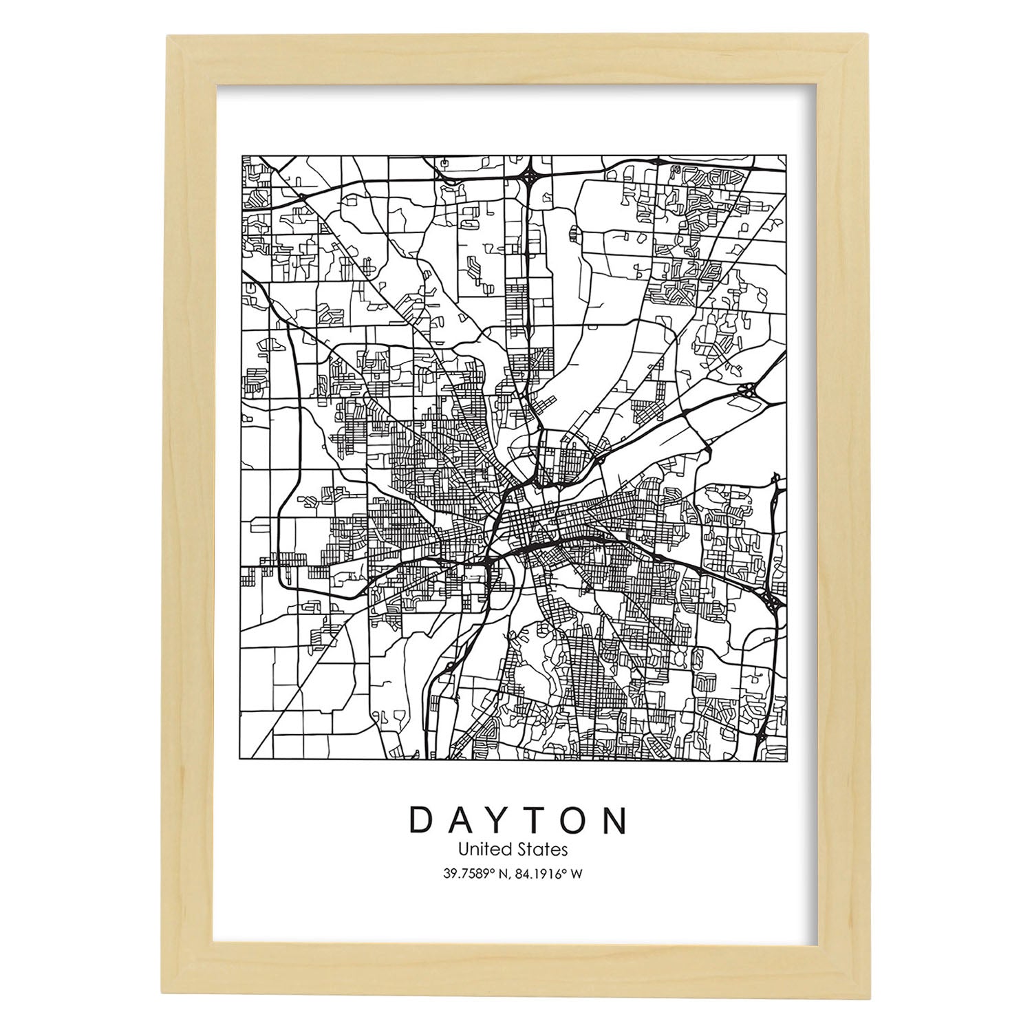 Poster con mapa de Dayton. Lámina de Estados Unidos, con imágenes de mapas y carreteras-Artwork-Nacnic-A3-Marco Madera clara-Nacnic Estudio SL
