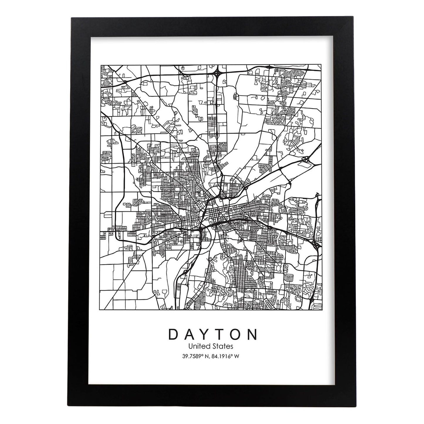 Poster con mapa de Dayton. Lámina de Estados Unidos, con imágenes de mapas y carreteras-Artwork-Nacnic-A3-Marco Negro-Nacnic Estudio SL