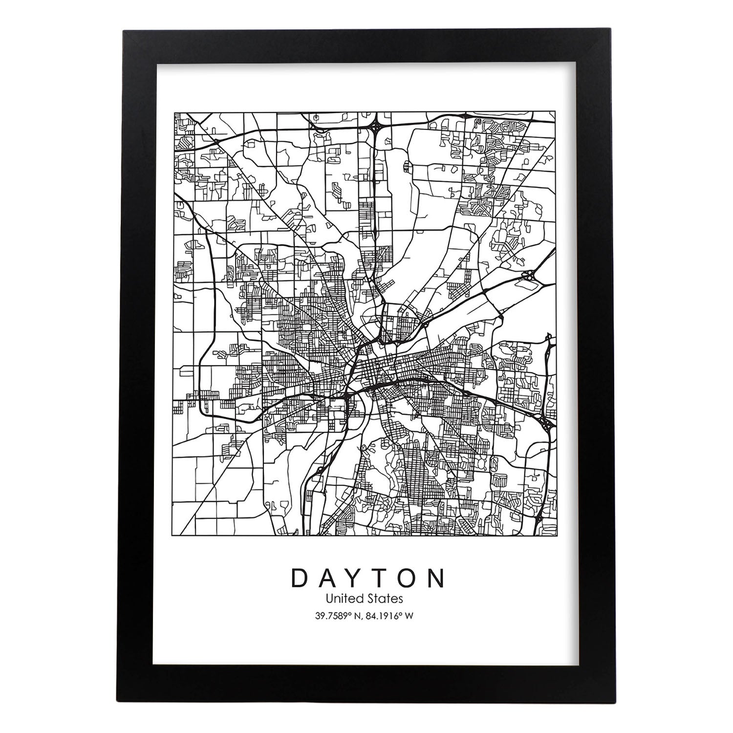 Poster con mapa de Dayton. Lámina de Estados Unidos, con imágenes de mapas y carreteras-Artwork-Nacnic-A3-Marco Negro-Nacnic Estudio SL