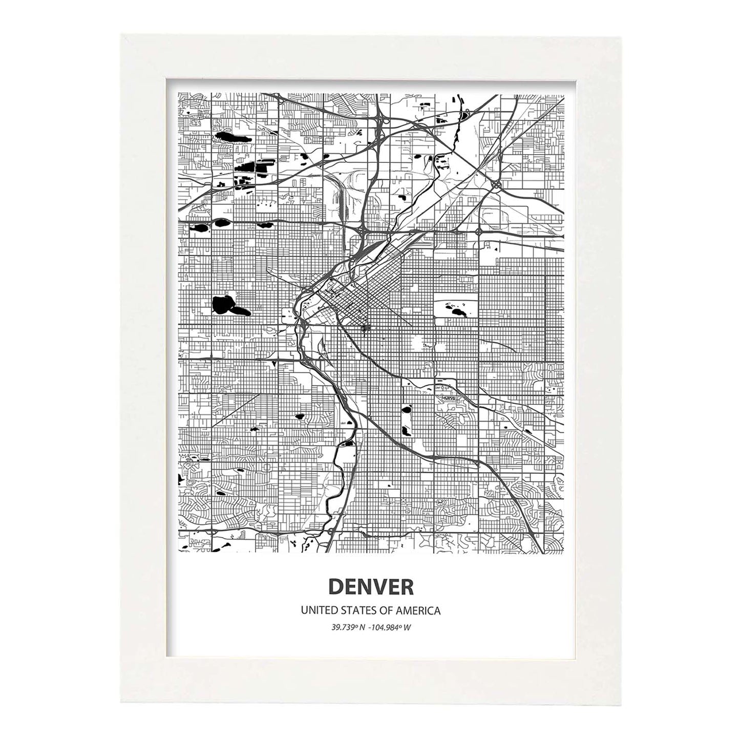Poster con mapa de Denver - USA. Láminas de ciudades de Estados Unidos con mares y ríos en color negro.-Artwork-Nacnic-A3-Marco Blanco-Nacnic Estudio SL