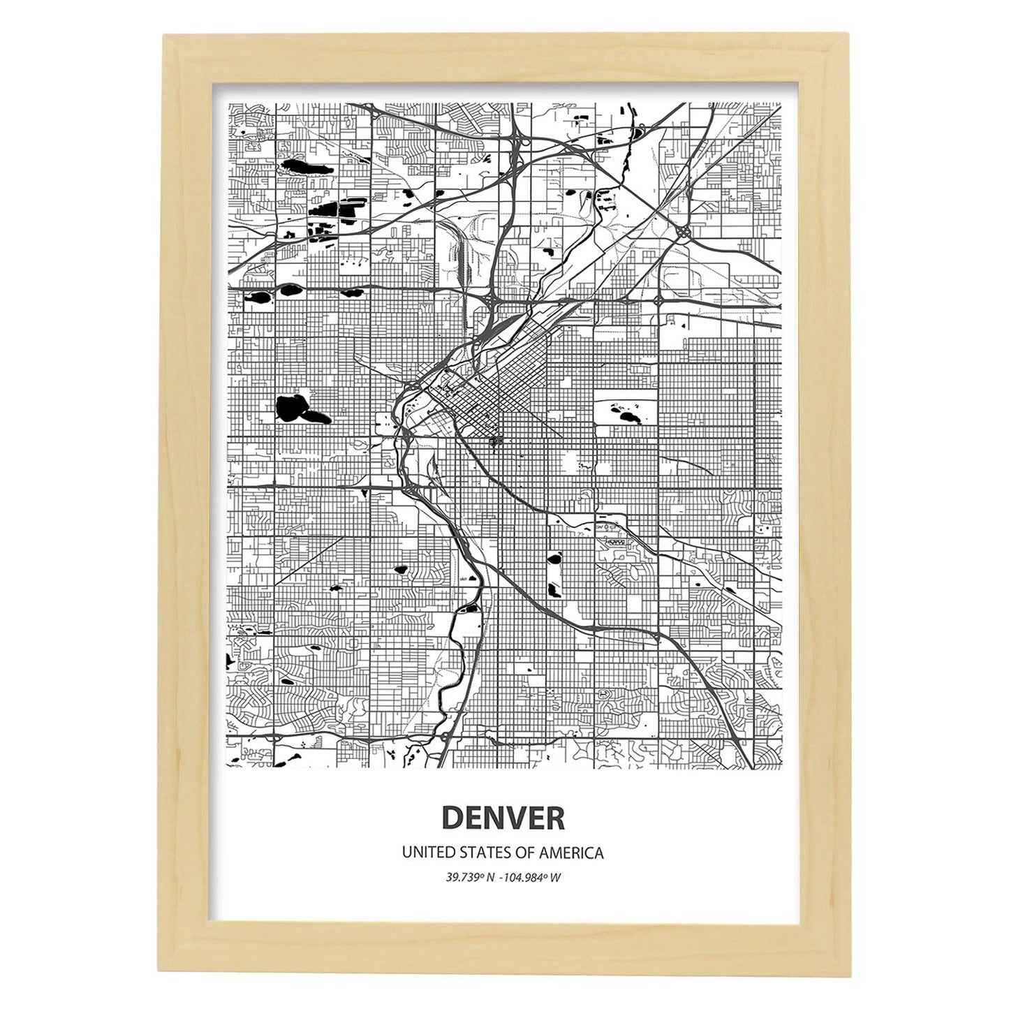 Poster con mapa de Denver - USA. Láminas de ciudades de Estados Unidos con mares y ríos en color negro.-Artwork-Nacnic-A3-Marco Madera clara-Nacnic Estudio SL