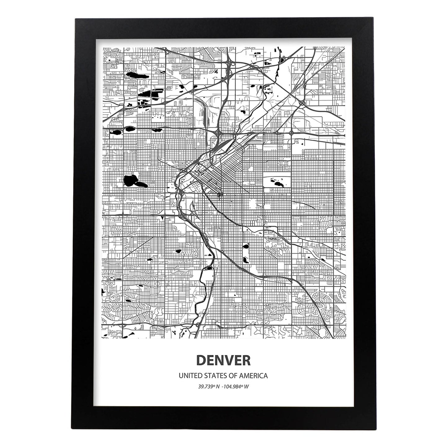 Poster con mapa de Denver - USA. Láminas de ciudades de Estados Unidos con mares y ríos en color negro.-Artwork-Nacnic-A3-Marco Negro-Nacnic Estudio SL