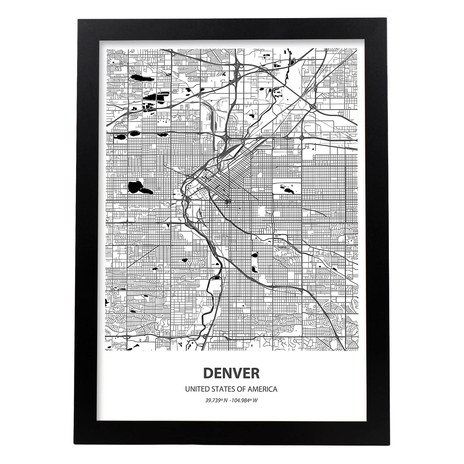 Poster con mapa de Denver - USA. Láminas de ciudades de Estados Unidos con mares y ríos en color negro.-Artwork-Nacnic-A3-Marco Negro-Nacnic Estudio SL