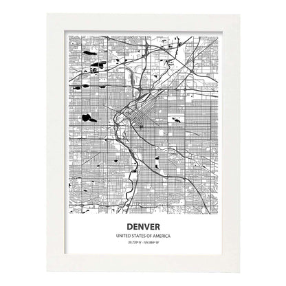 Poster con mapa de Denver - USA. Láminas de ciudades de Estados Unidos con mares y ríos en color negro.-Artwork-Nacnic-A4-Marco Blanco-Nacnic Estudio SL