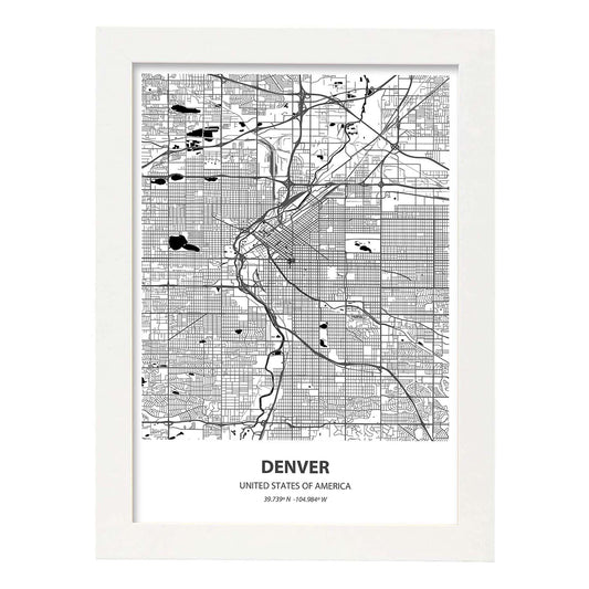 Poster con mapa de Denver - USA. Láminas de ciudades de Estados Unidos con mares y ríos en color negro.-Artwork-Nacnic-A4-Marco Blanco-Nacnic Estudio SL