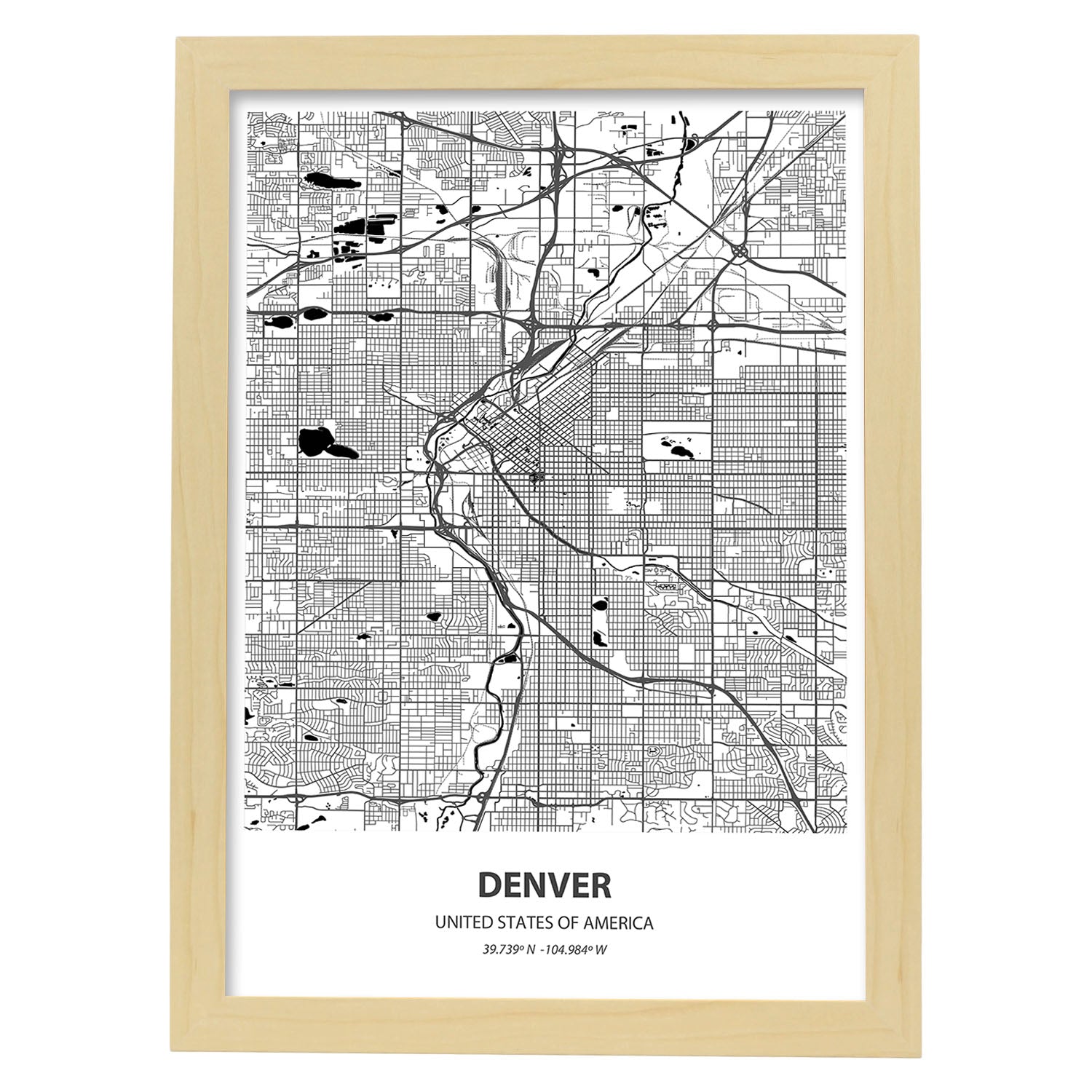 Poster con mapa de Denver - USA. Láminas de ciudades de Estados Unidos con mares y ríos en color negro.-Artwork-Nacnic-A4-Marco Madera clara-Nacnic Estudio SL