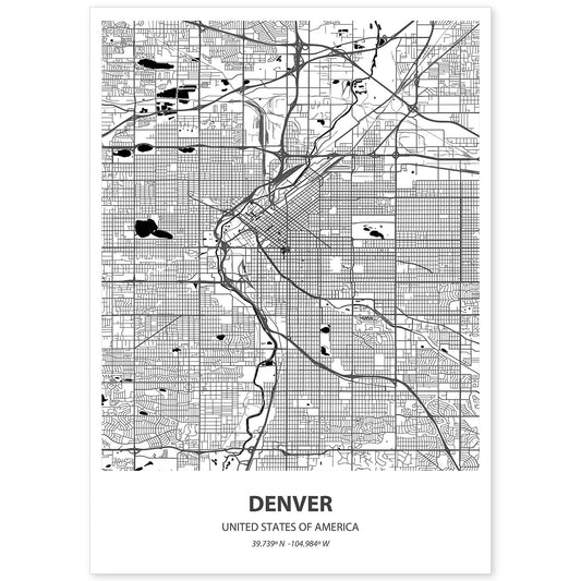 Poster con mapa de Denver - USA. Láminas de ciudades de Estados Unidos con mares y ríos en color negro.-Artwork-Nacnic-A4-Sin marco-Nacnic Estudio SL