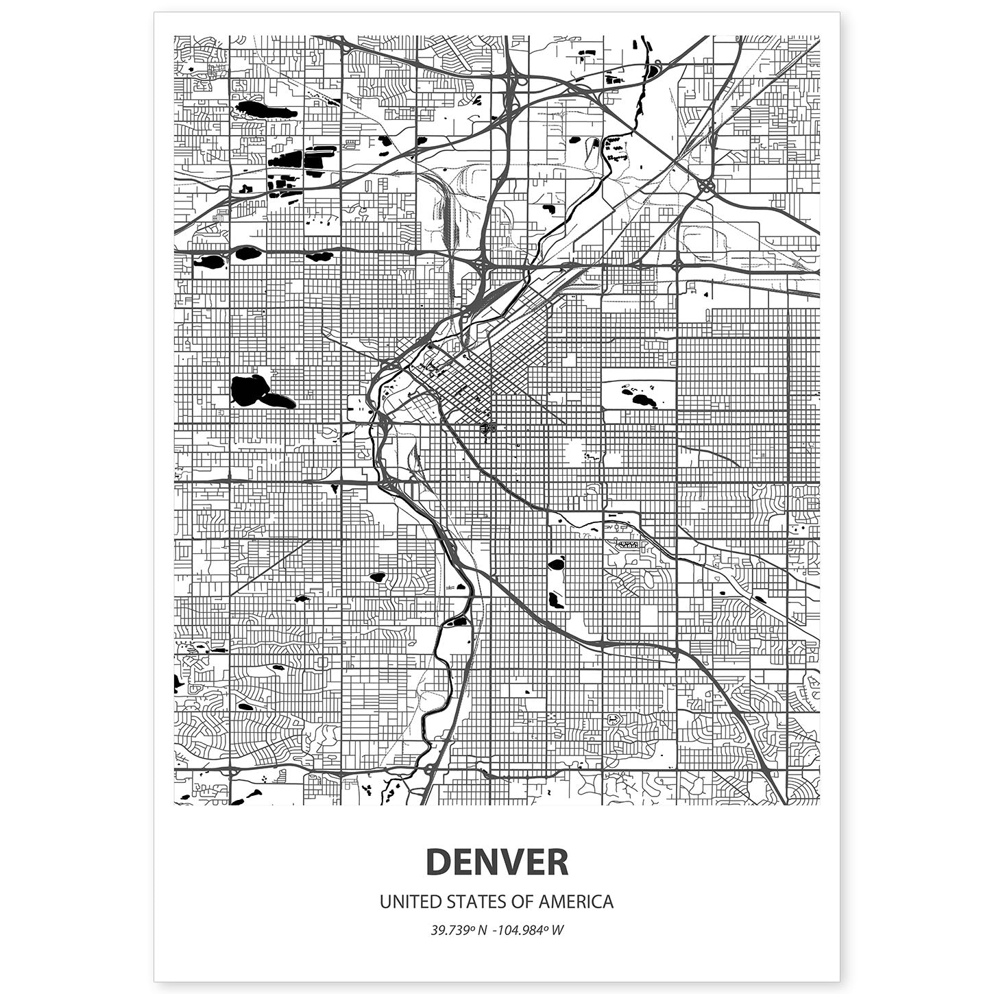 Poster con mapa de Denver - USA. Láminas de ciudades de Estados Unidos con mares y ríos en color negro.-Artwork-Nacnic-A4-Sin marco-Nacnic Estudio SL