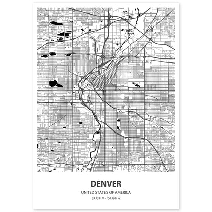 Poster con mapa de Denver - USA. Láminas de ciudades de Estados Unidos con mares y ríos en color negro.-Artwork-Nacnic-A4-Sin marco-Nacnic Estudio SL