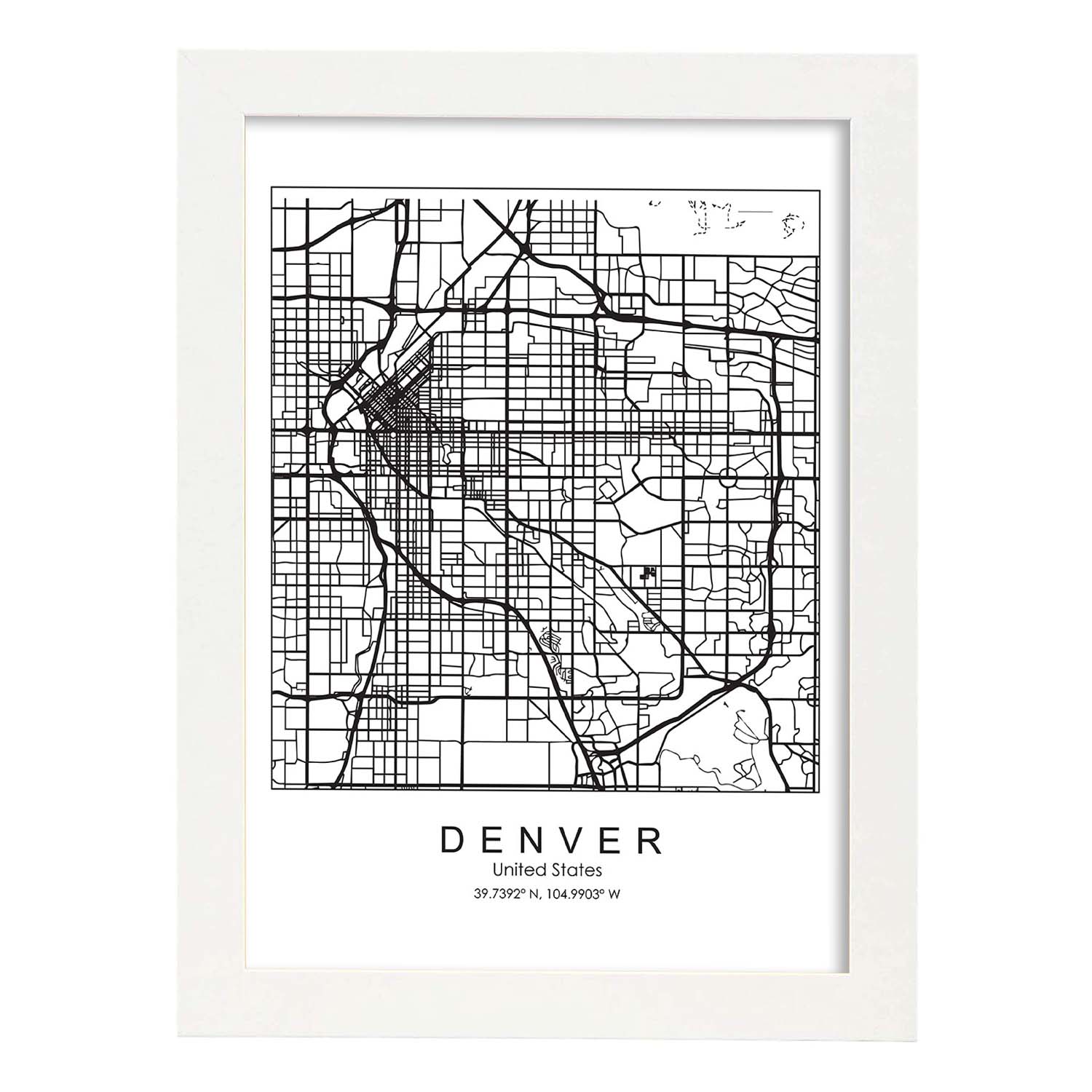 Poster con mapa de Denver. Lámina de Estados Unidos, con imágenes de mapas y carreteras-Artwork-Nacnic-A4-Marco Blanco-Nacnic Estudio SL