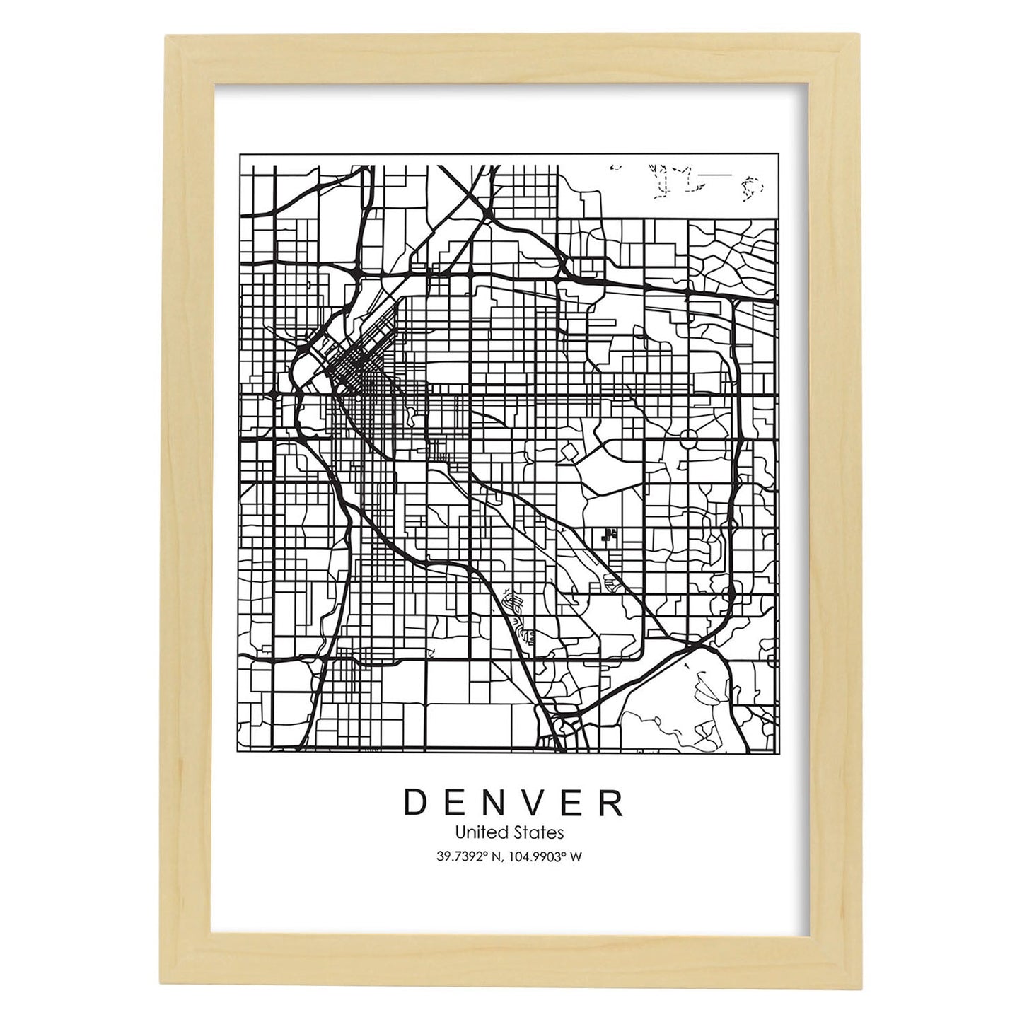 Poster con mapa de Denver. Lámina de Estados Unidos, con imágenes de mapas y carreteras-Artwork-Nacnic-A4-Marco Madera clara-Nacnic Estudio SL