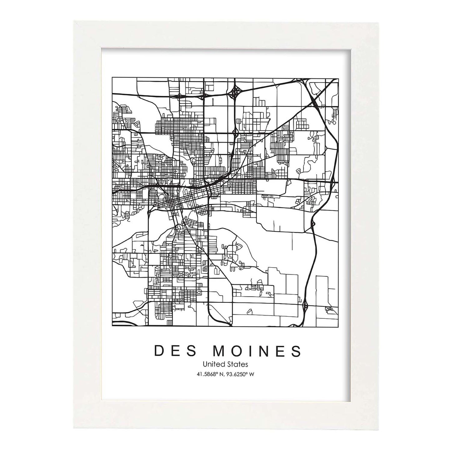Poster con mapa de Des Moines. Lámina de Estados Unidos, con imágenes de mapas y carreteras-Artwork-Nacnic-A3-Marco Blanco-Nacnic Estudio SL