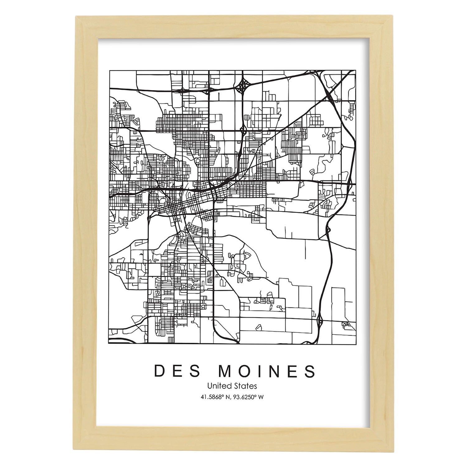 Poster con mapa de Des Moines. Lámina de Estados Unidos, con imágenes de mapas y carreteras-Artwork-Nacnic-A3-Marco Madera clara-Nacnic Estudio SL