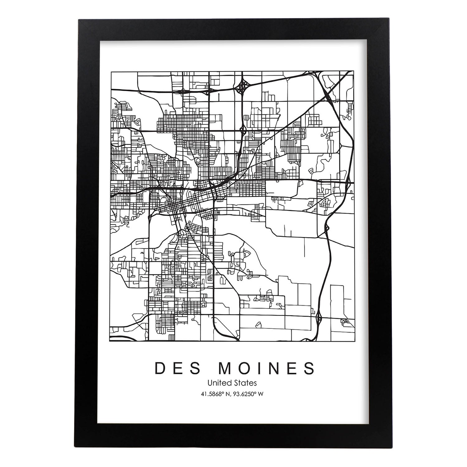 Poster con mapa de Des Moines. Lámina de Estados Unidos, con imágenes de mapas y carreteras-Artwork-Nacnic-A3-Marco Negro-Nacnic Estudio SL