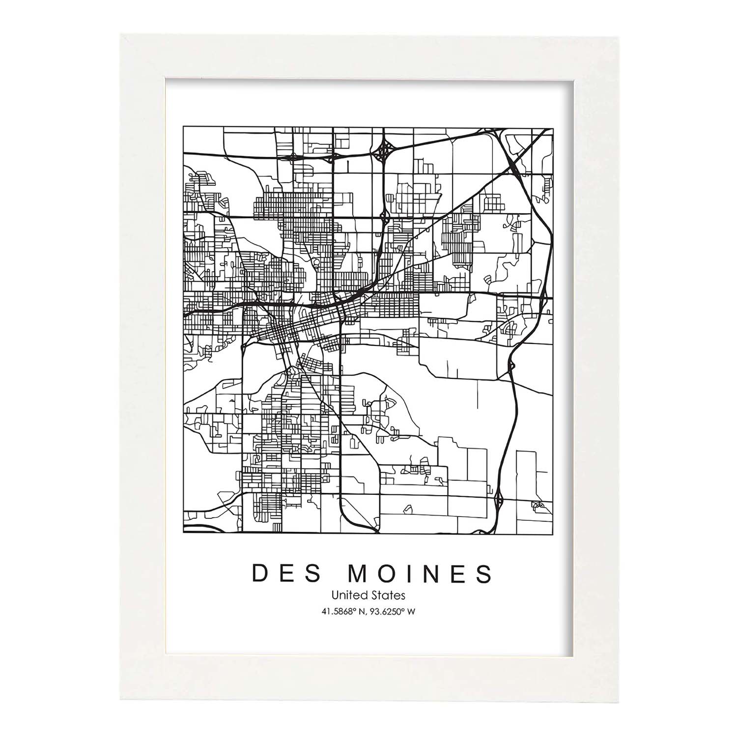 Poster con mapa de Des Moines. Lámina de Estados Unidos, con imágenes de mapas y carreteras-Artwork-Nacnic-A4-Marco Blanco-Nacnic Estudio SL