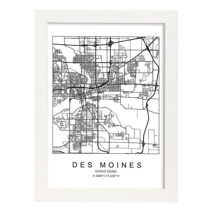 Poster con mapa de Des Moines. Lámina de Estados Unidos, con imágenes de mapas y carreteras-Artwork-Nacnic-A4-Marco Blanco-Nacnic Estudio SL
