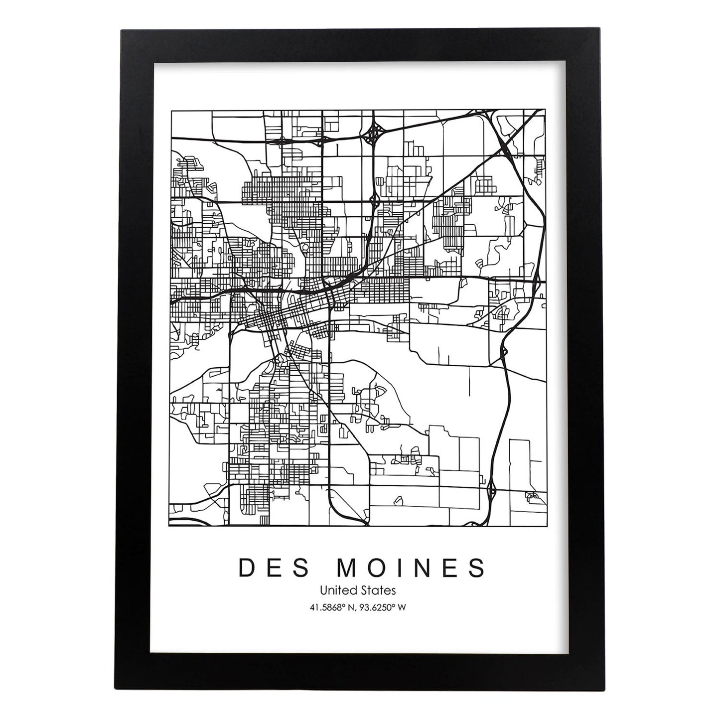 Poster con mapa de Des Moines. Lámina de Estados Unidos, con imágenes de mapas y carreteras-Artwork-Nacnic-A4-Marco Negro-Nacnic Estudio SL