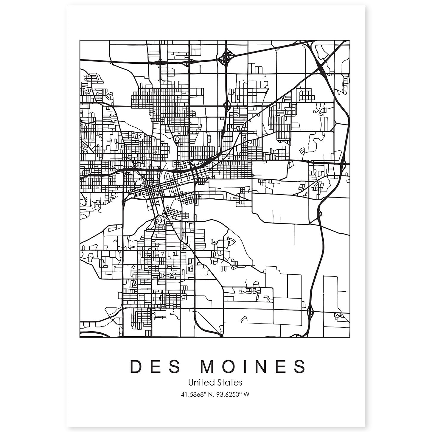 Poster con mapa de Des Moines. Lámina de Estados Unidos, con imágenes de mapas y carreteras-Artwork-Nacnic-A4-Sin marco-Nacnic Estudio SL