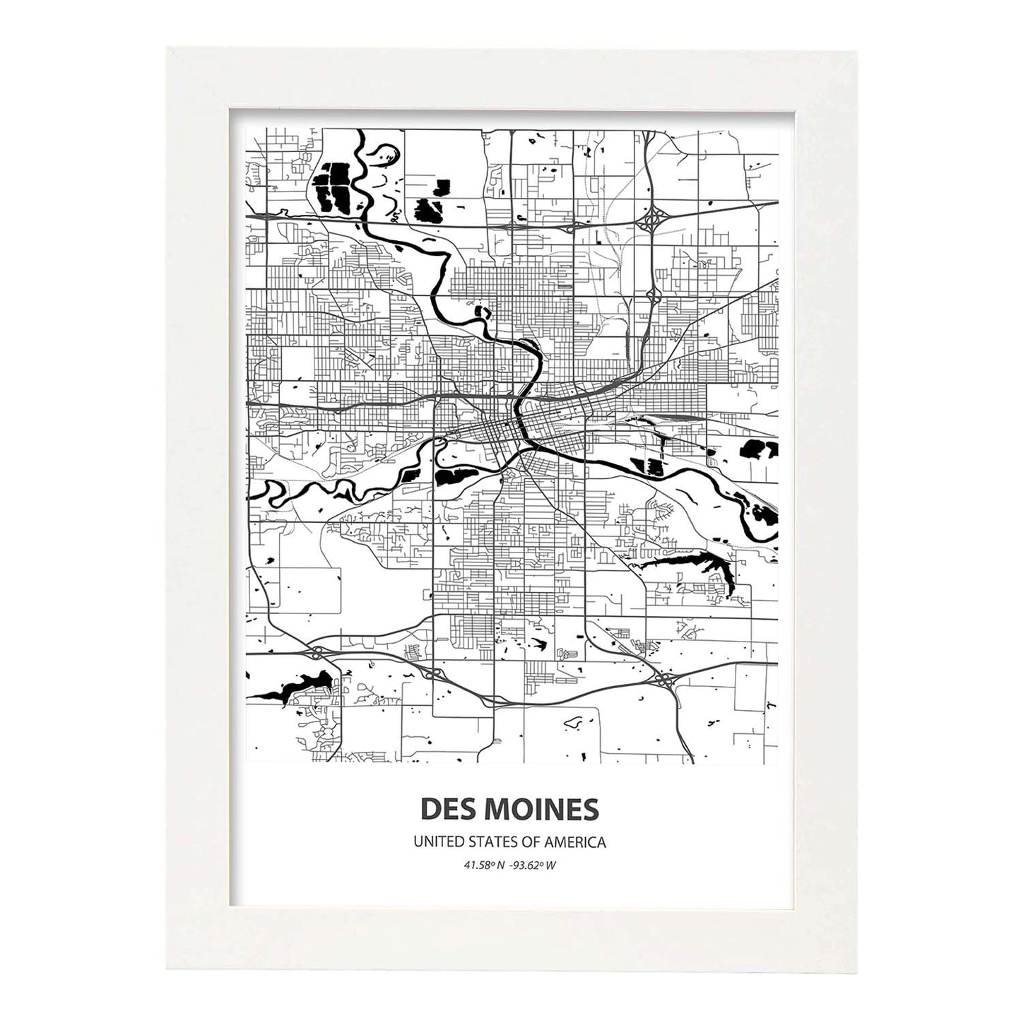 Poster con mapa de Des Mondes - USA. Láminas de ciudades de Estados Unidos con mares y ríos en color negro.-Artwork-Nacnic-A3-Marco Blanco-Nacnic Estudio SL