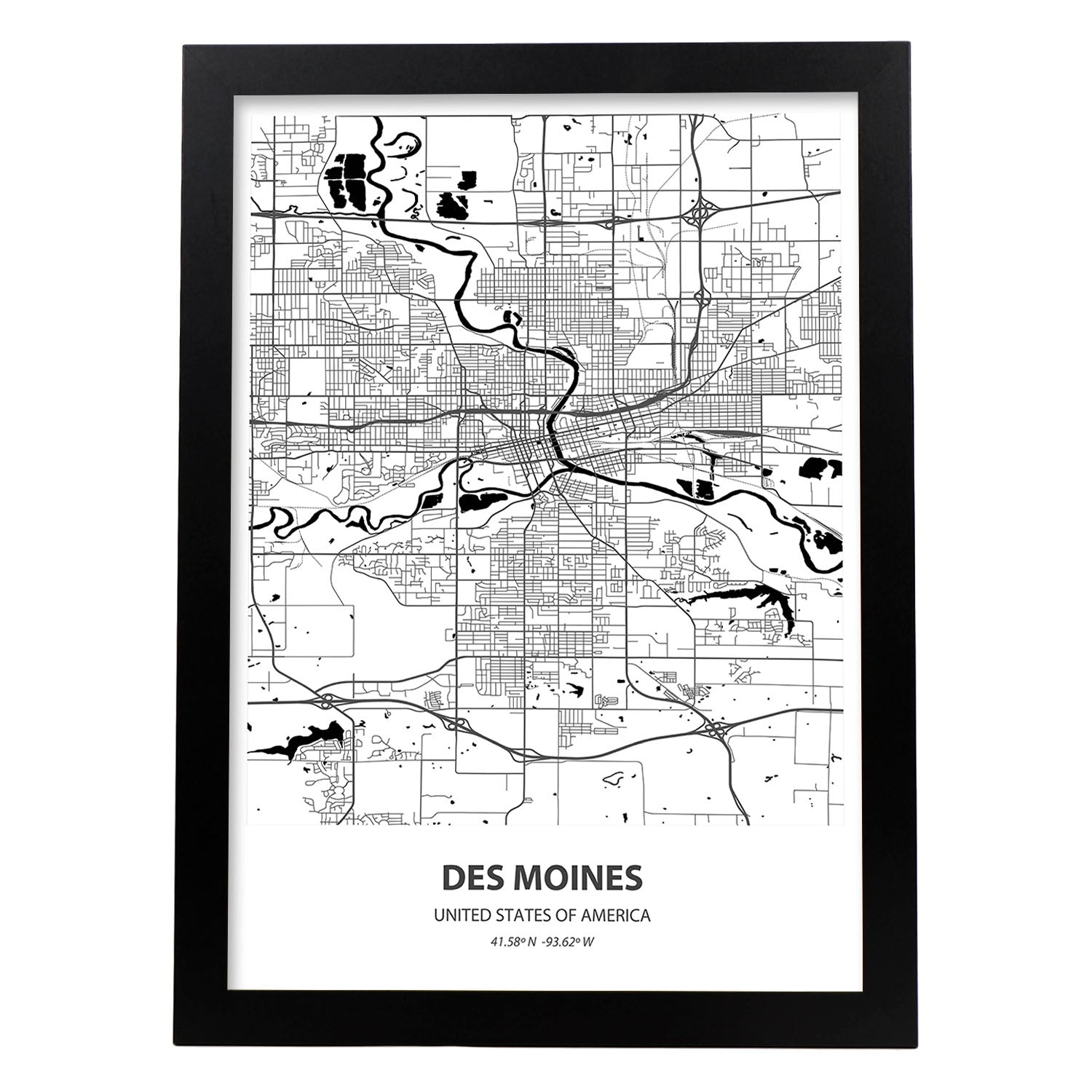 Poster con mapa de Des Mondes - USA. Láminas de ciudades de Estados Unidos con mares y ríos en color negro.-Artwork-Nacnic-A3-Marco Negro-Nacnic Estudio SL