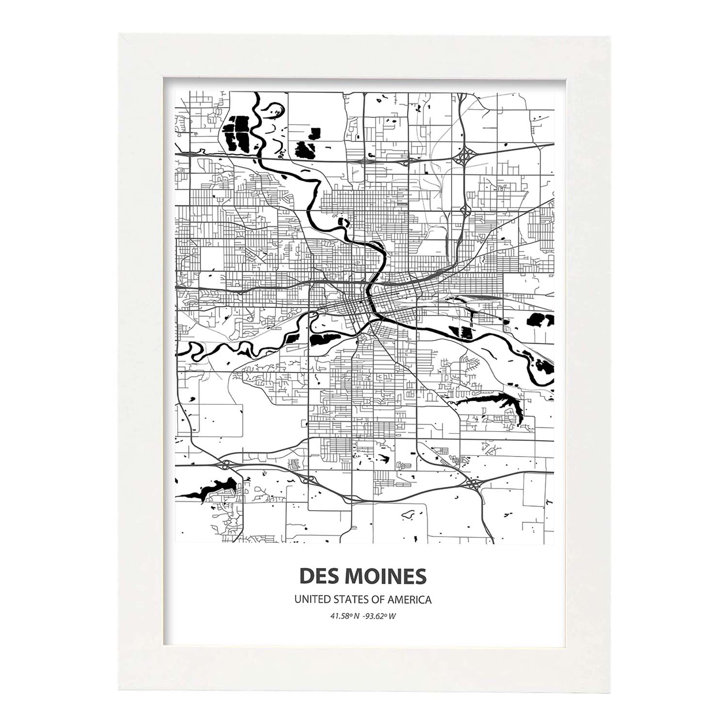 Poster con mapa de Des Mondes - USA. Láminas de ciudades de Estados Unidos con mares y ríos en color negro.-Artwork-Nacnic-A4-Marco Blanco-Nacnic Estudio SL