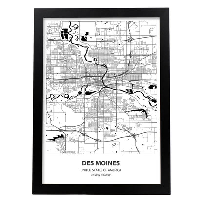 Poster con mapa de Des Mondes - USA. Láminas de ciudades de Estados Unidos con mares y ríos en color negro.-Artwork-Nacnic-A4-Marco Negro-Nacnic Estudio SL