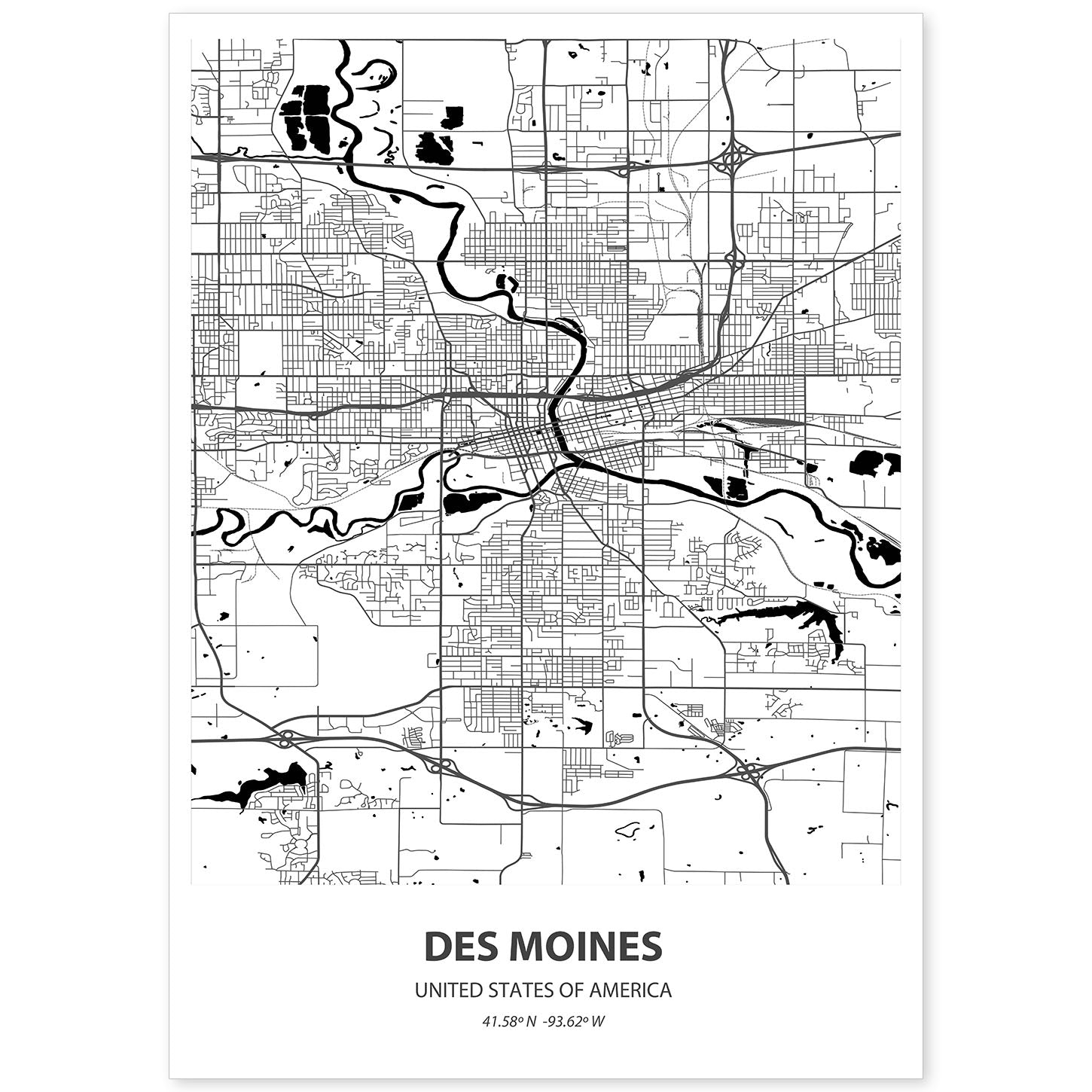 Poster con mapa de Des Mondes - USA. Láminas de ciudades de Estados Unidos con mares y ríos en color negro.-Artwork-Nacnic-A4-Sin marco-Nacnic Estudio SL