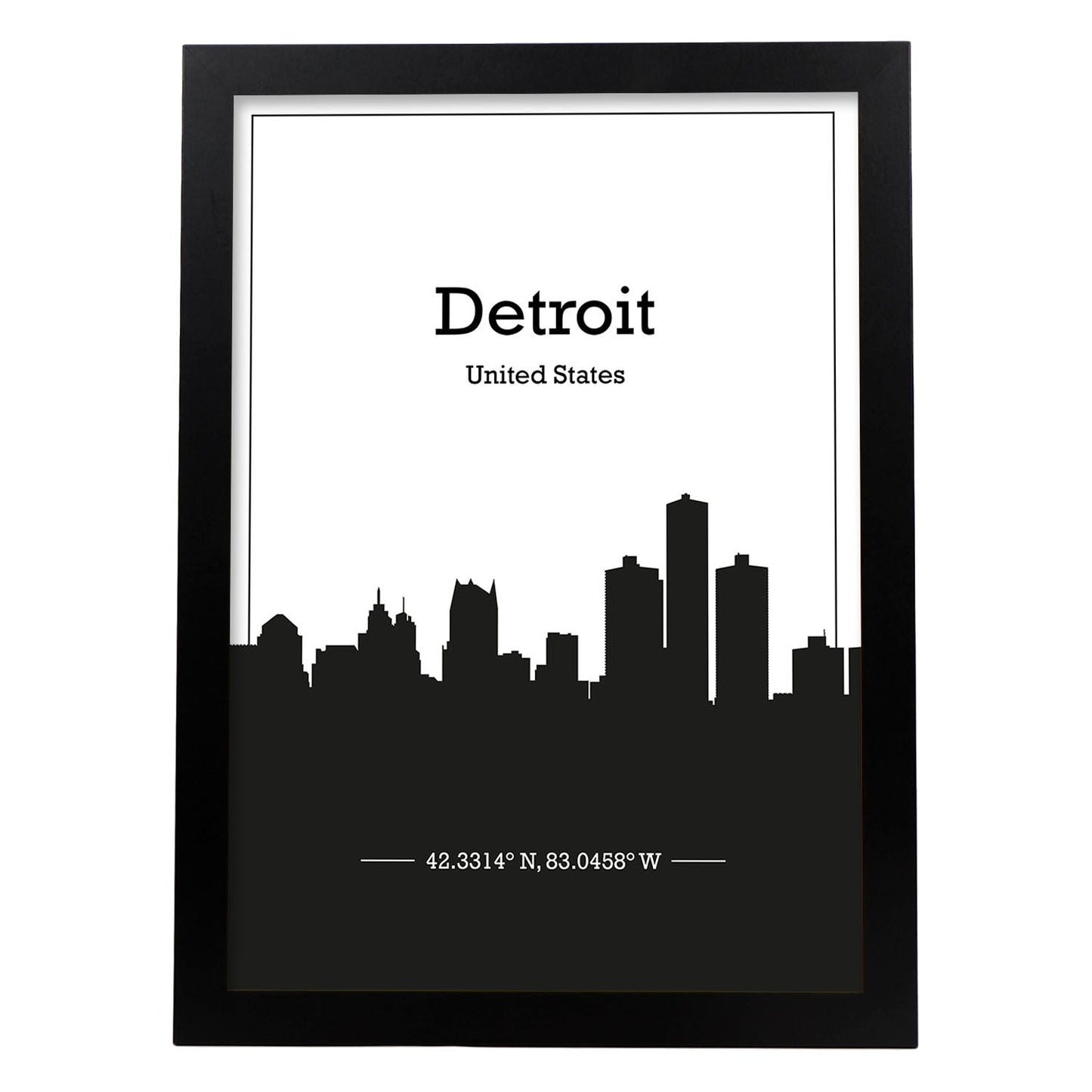 Poster con mapa de Detriot - USA. Láminas con Skyline de ciudades de Estados Unidos, Canada, Mexico con sombra negra.-Artwork-Nacnic-A3-Marco Negro-Nacnic Estudio SL