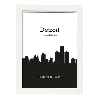 Poster con mapa de Detriot - USA. Láminas con Skyline de ciudades de Estados Unidos, Canada, Mexico con sombra negra.-Artwork-Nacnic-A4-Marco Blanco-Nacnic Estudio SL