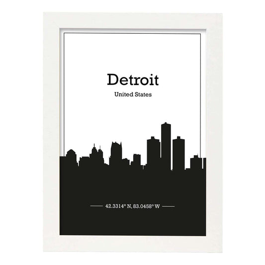 Poster con mapa de Detriot - USA. Láminas con Skyline de ciudades de Estados Unidos, Canada, Mexico con sombra negra.-Artwork-Nacnic-A4-Marco Blanco-Nacnic Estudio SL